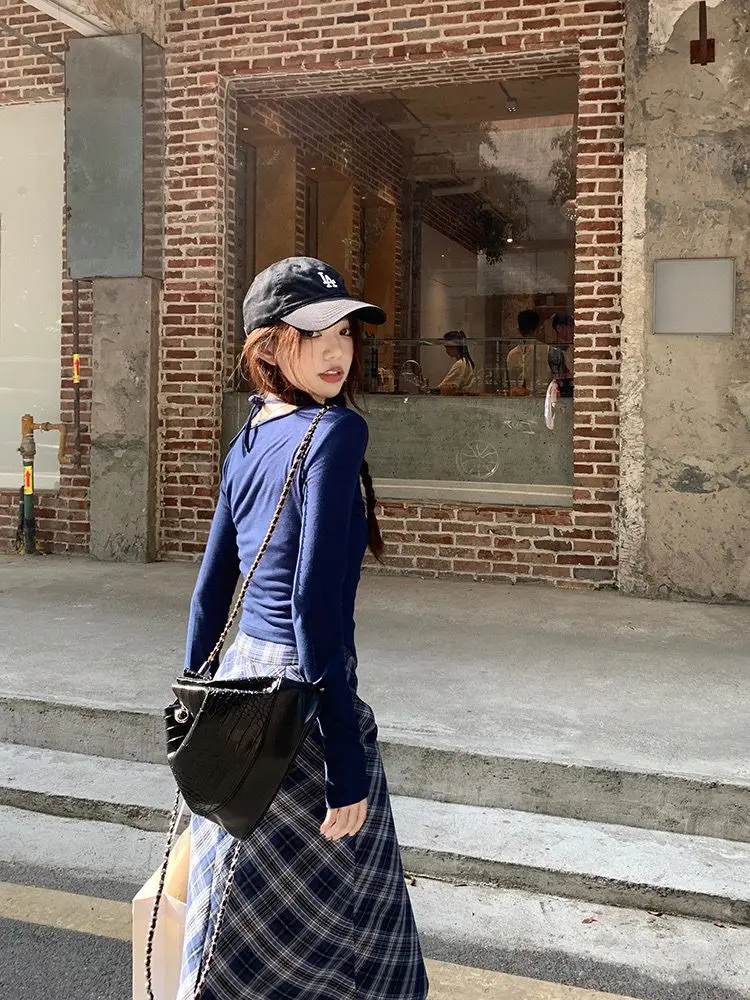 Spring and Autumn Korean New Fashion Academy Style Versatile Slim Fit Top Plaid+Half Skirt Two Piece Set