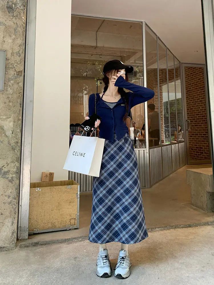 Spring and Autumn Korean New Fashion Academy Style Versatile Slim Fit Top Plaid+Half Skirt Two Piece Set