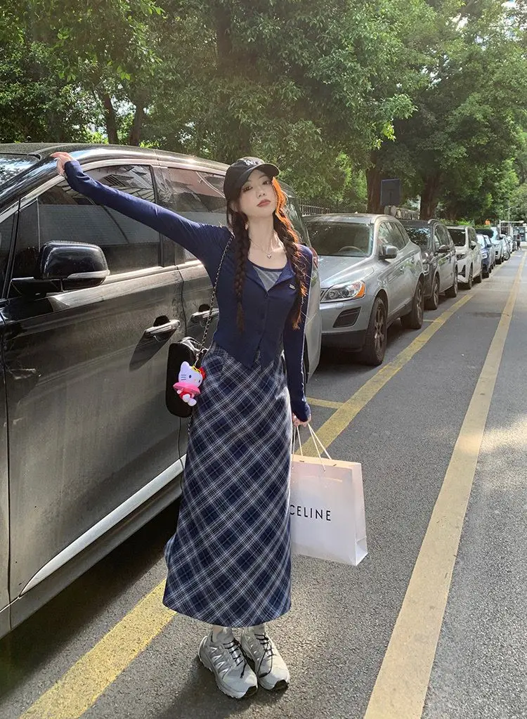 Spring and Autumn Korean New Fashion Academy Style Versatile Slim Fit Top Plaid+Half Skirt Two Piece Set