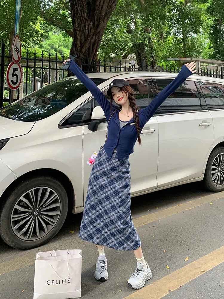 Spring and Autumn Korean New Fashion Academy Style Versatile Slim Fit Top Plaid+Half Skirt Two Piece Set
