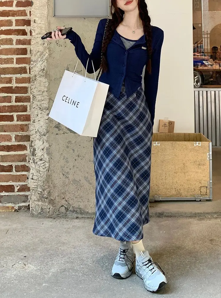 Spring and Autumn Korean New Fashion Academy Style Versatile Slim Fit Top Plaid+Half Skirt Two Piece Set