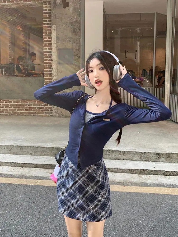 Spring and Autumn Korean New Fashion Academy Style Versatile Slim Fit Top Plaid+Half Skirt Two Piece Set