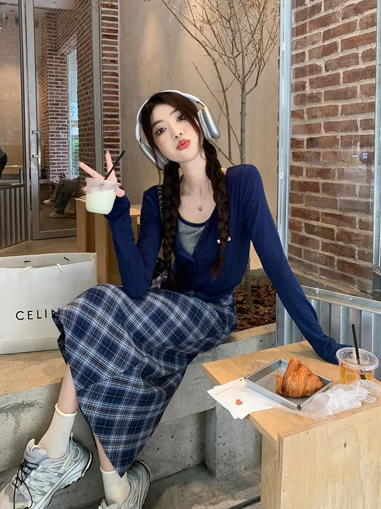 Spring and Autumn Korean New Fashion Academy Style Versatile Slim Fit Top Plaid+Half Skirt Two Piece Set