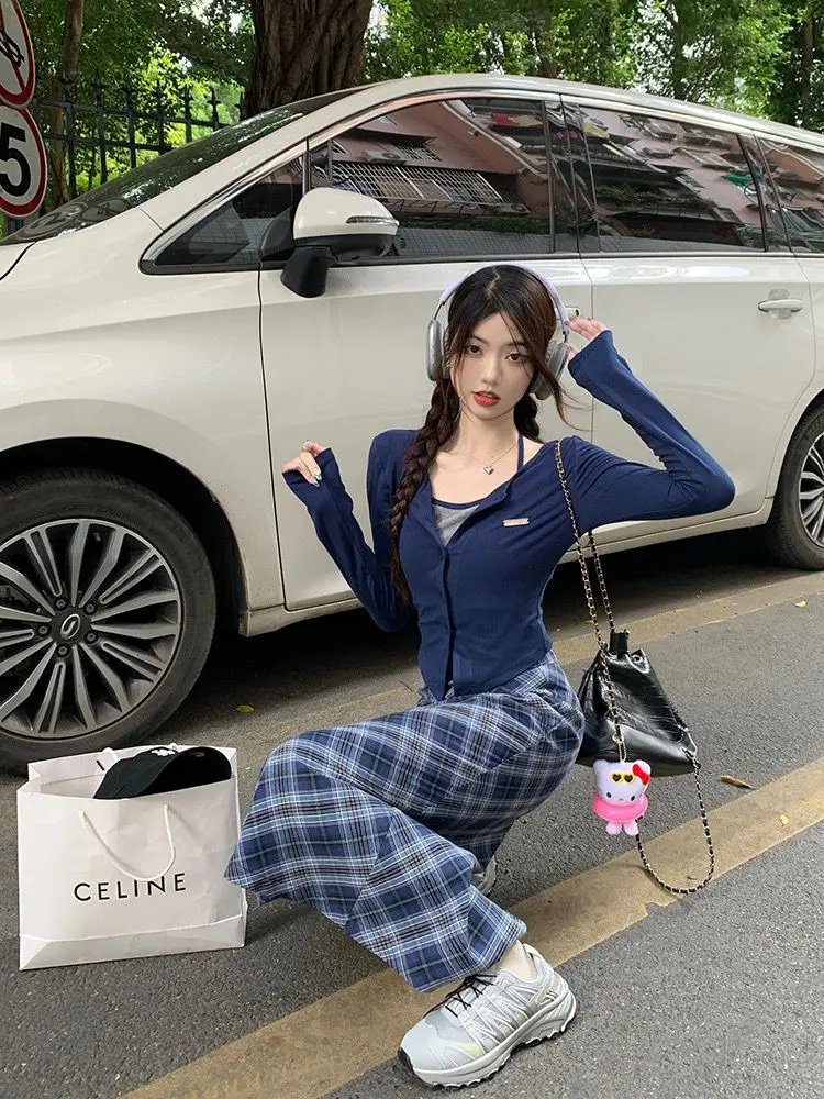 Spring and Autumn Korean New Fashion Academy Style Versatile Slim Fit Top Plaid+Half Skirt Two Piece Set