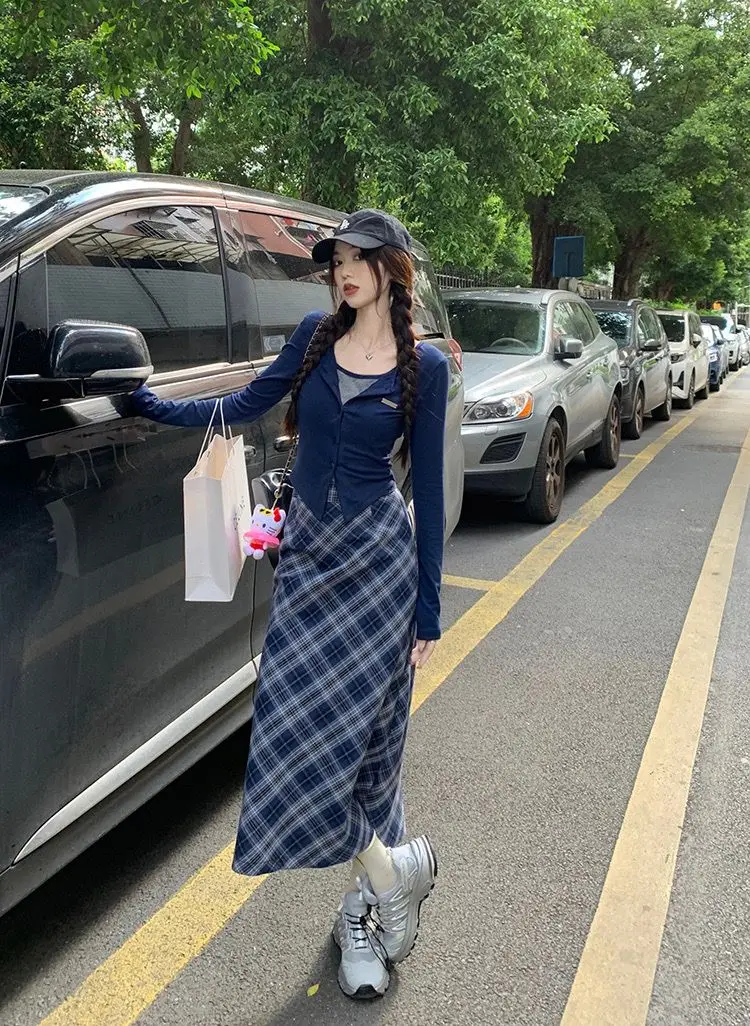 Spring and Autumn Korean New Fashion Academy Style Versatile Slim Fit Top Plaid+Half Skirt Two Piece Set
