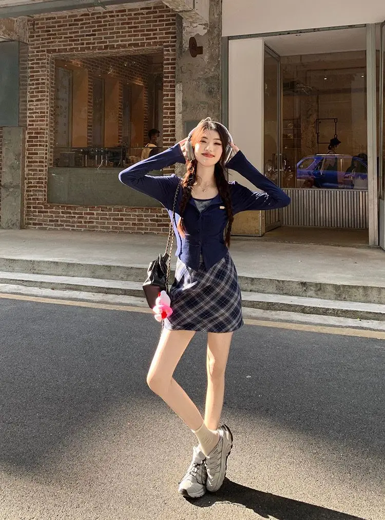 Spring and Autumn Korean New Fashion Academy Style Versatile Slim Fit Top Plaid+Half Skirt Two Piece Set