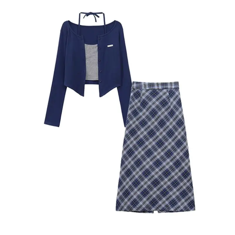 Spring and Autumn Korean New Fashion Academy Style Versatile Slim Fit Top Plaid+Half Skirt Two Piece Set