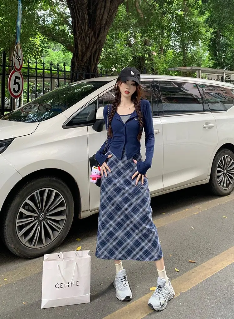 Spring and Autumn Korean New Fashion Academy Style Versatile Slim Fit Top Plaid+Half Skirt Two Piece Set