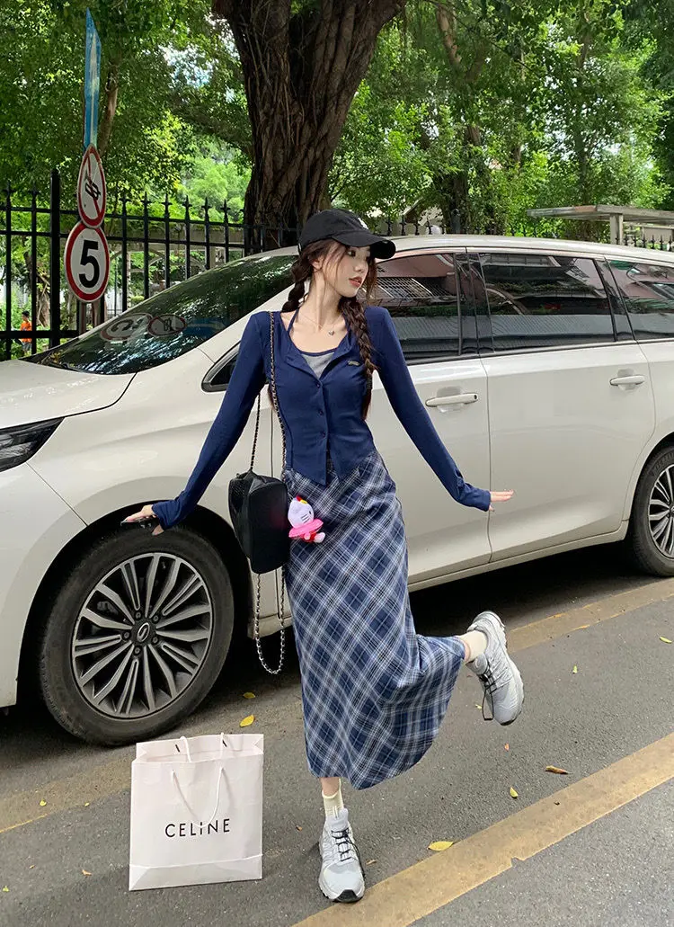 Spring and Autumn Korean New Fashion Academy Style Versatile Slim Fit Top Plaid+Half Skirt Two Piece Set