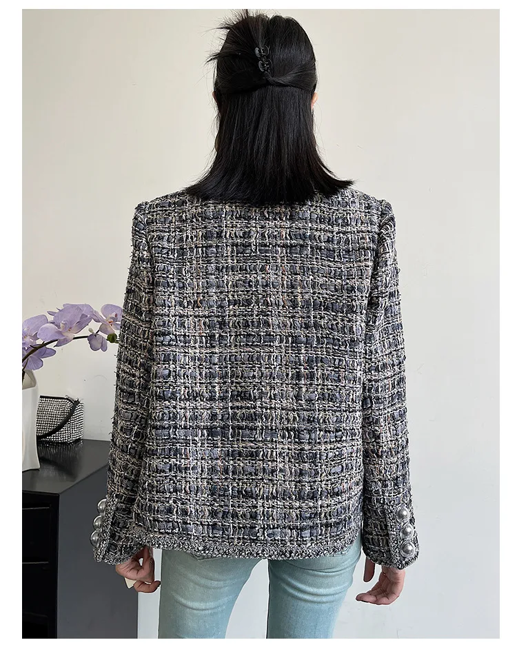 Spring Autumn French Small Fragrance Women Coat Fashion Long Sleeve Tweed O Neck Lace Dark Buckle Female High Quality Chic Coat