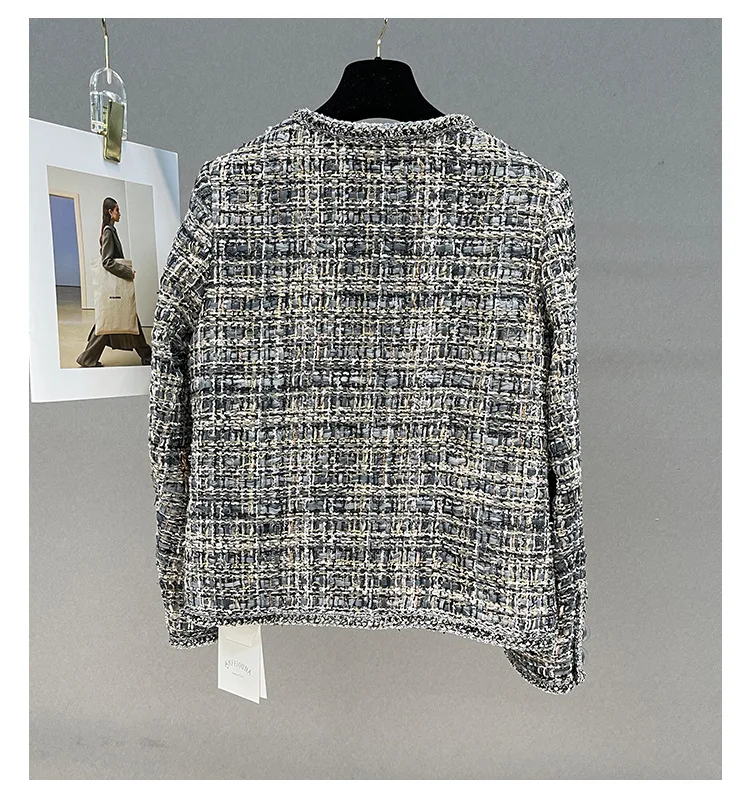 Spring Autumn French Small Fragrance Women Coat Fashion Long Sleeve Tweed O Neck Lace Dark Buckle Female High Quality Chic Coat