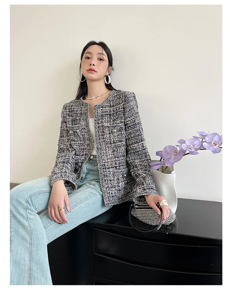 Spring Autumn French Small Fragrance Women Coat Fashion Long Sleeve Tweed O Neck Lace Dark Buckle Female High Quality Chic Coat