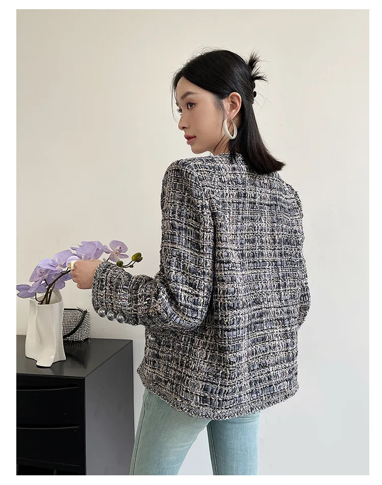 Spring Autumn French Small Fragrance Women Coat Fashion Long Sleeve Tweed O Neck Lace Dark Buckle Female High Quality Chic Coat