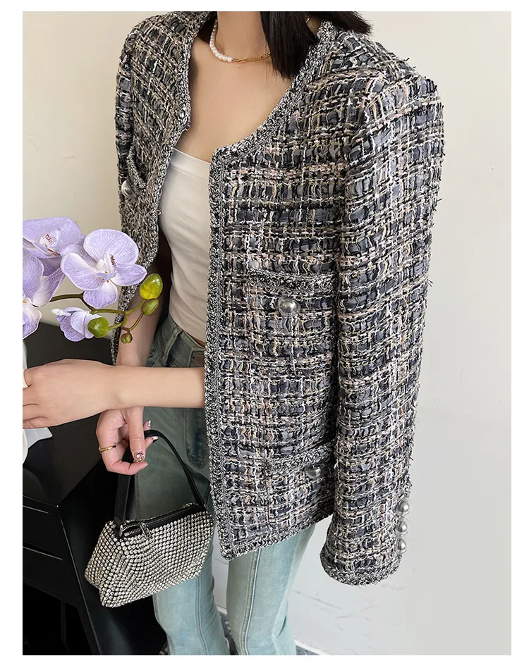 Spring Autumn French Small Fragrance Women Coat Fashion Long Sleeve Tweed O Neck Lace Dark Buckle Female High Quality Chic Coat