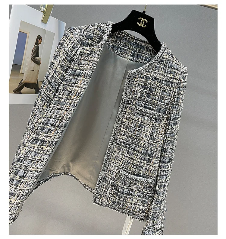Spring Autumn French Small Fragrance Women Coat Fashion Long Sleeve Tweed O Neck Lace Dark Buckle Female High Quality Chic Coat