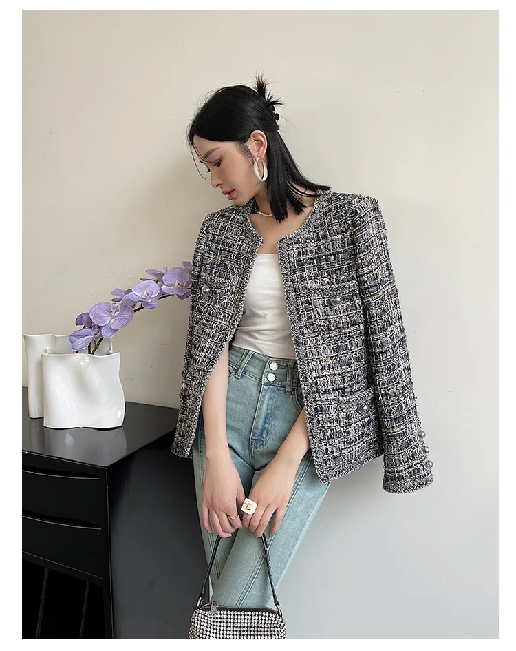 Spring Autumn French Small Fragrance Women Coat Fashion Long Sleeve Tweed O Neck Lace Dark Buckle Female High Quality Chic Coat
