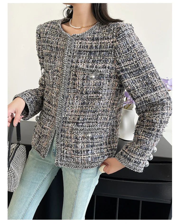 Spring Autumn French Small Fragrance Women Coat Fashion Long Sleeve Tweed O Neck Lace Dark Buckle Female High Quality Chic Coat