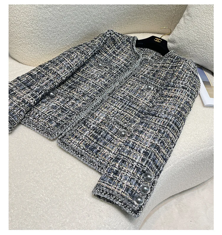 Spring Autumn French Small Fragrance Women Coat Fashion Long Sleeve Tweed O Neck Lace Dark Buckle Female High Quality Chic Coat