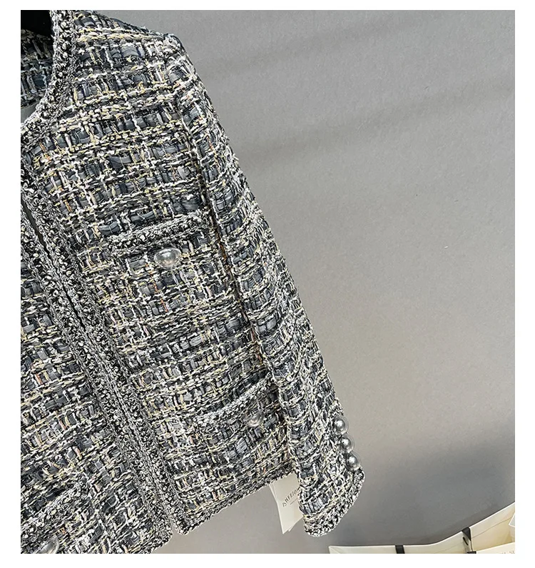 Spring Autumn French Small Fragrance Women Coat Fashion Long Sleeve Tweed O Neck Lace Dark Buckle Female High Quality Chic Coat