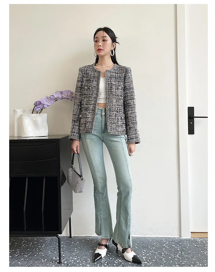 Spring Autumn French Small Fragrance Women Coat Fashion Long Sleeve Tweed O Neck Lace Dark Buckle Female High Quality Chic Coat