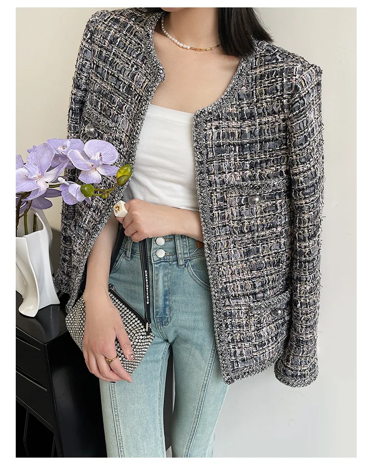 Spring Autumn French Small Fragrance Women Coat Fashion Long Sleeve Tweed O Neck Lace Dark Buckle Female High Quality Chic Coat