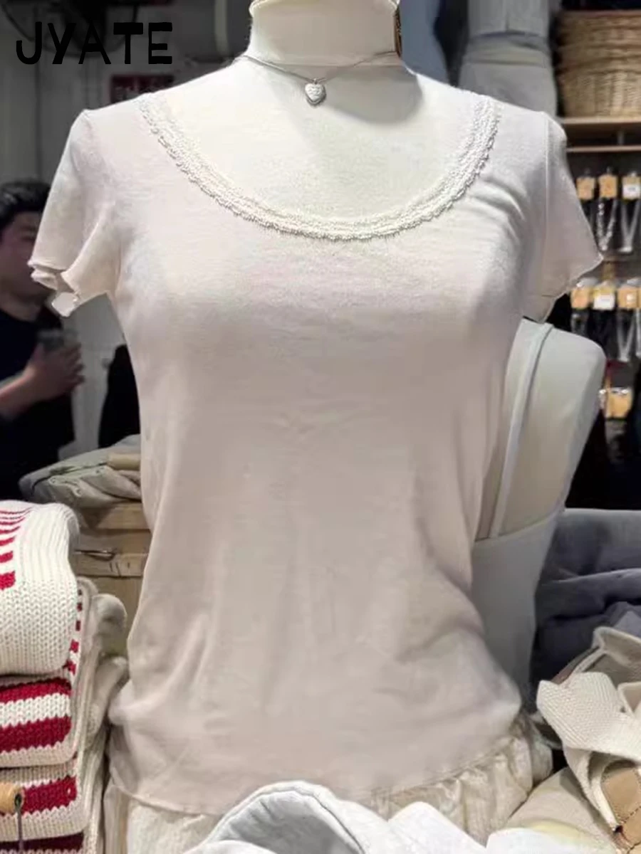 Sweet Lace Trim Pink T-shirts Women Summer New Casual Cotton Soft U-neck Short Sleeve Tees Cute Vintage Preppy Style Tops Y2K