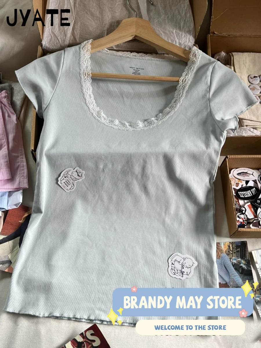 Sweet Lace Trim Pink T-shirts Women Summer New Casual Cotton Soft U-neck Short Sleeve Tees Cute Vintage Preppy Style Tops Y2K