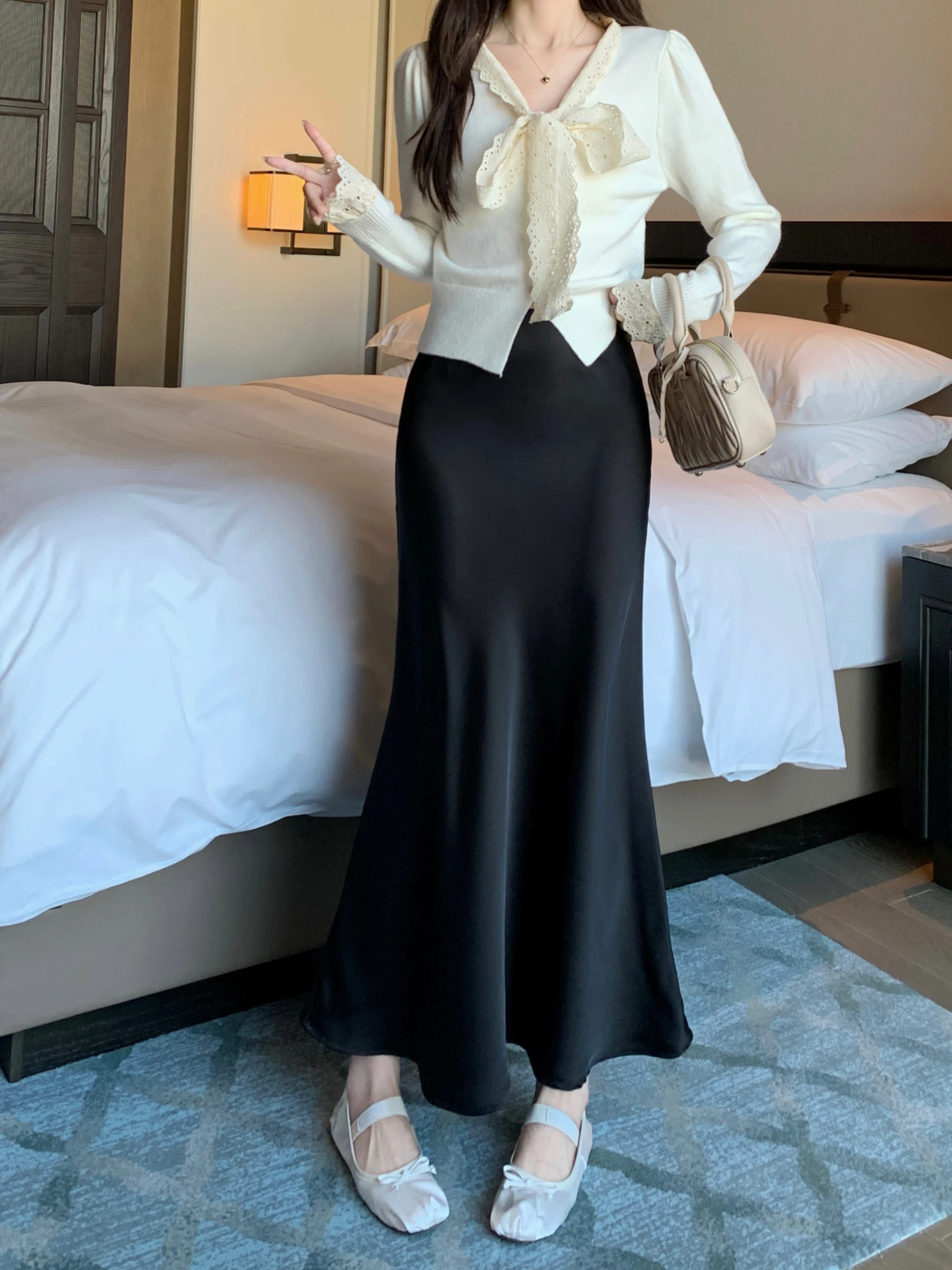 Women's Long Skirt Spring Summer Satin Silk A-line Skirt High Waist Ladies Korean Fashion Solid Pink Fishtail Skirts for Women