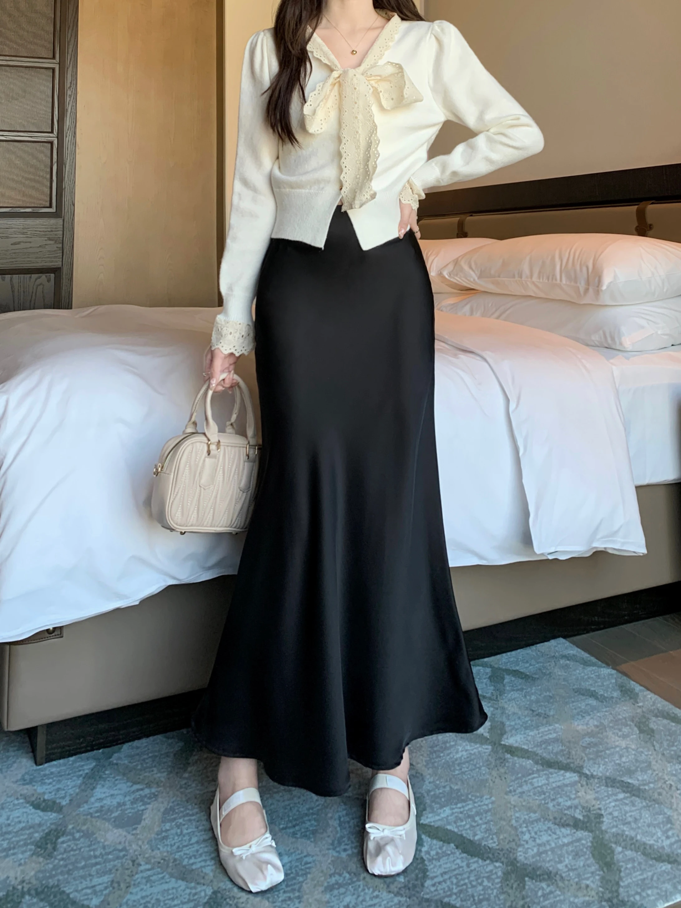 Women's Long Skirt Spring Summer Satin Silk A-line Skirt High Waist Ladies Korean Fashion Solid Pink Fishtail Skirts for Women