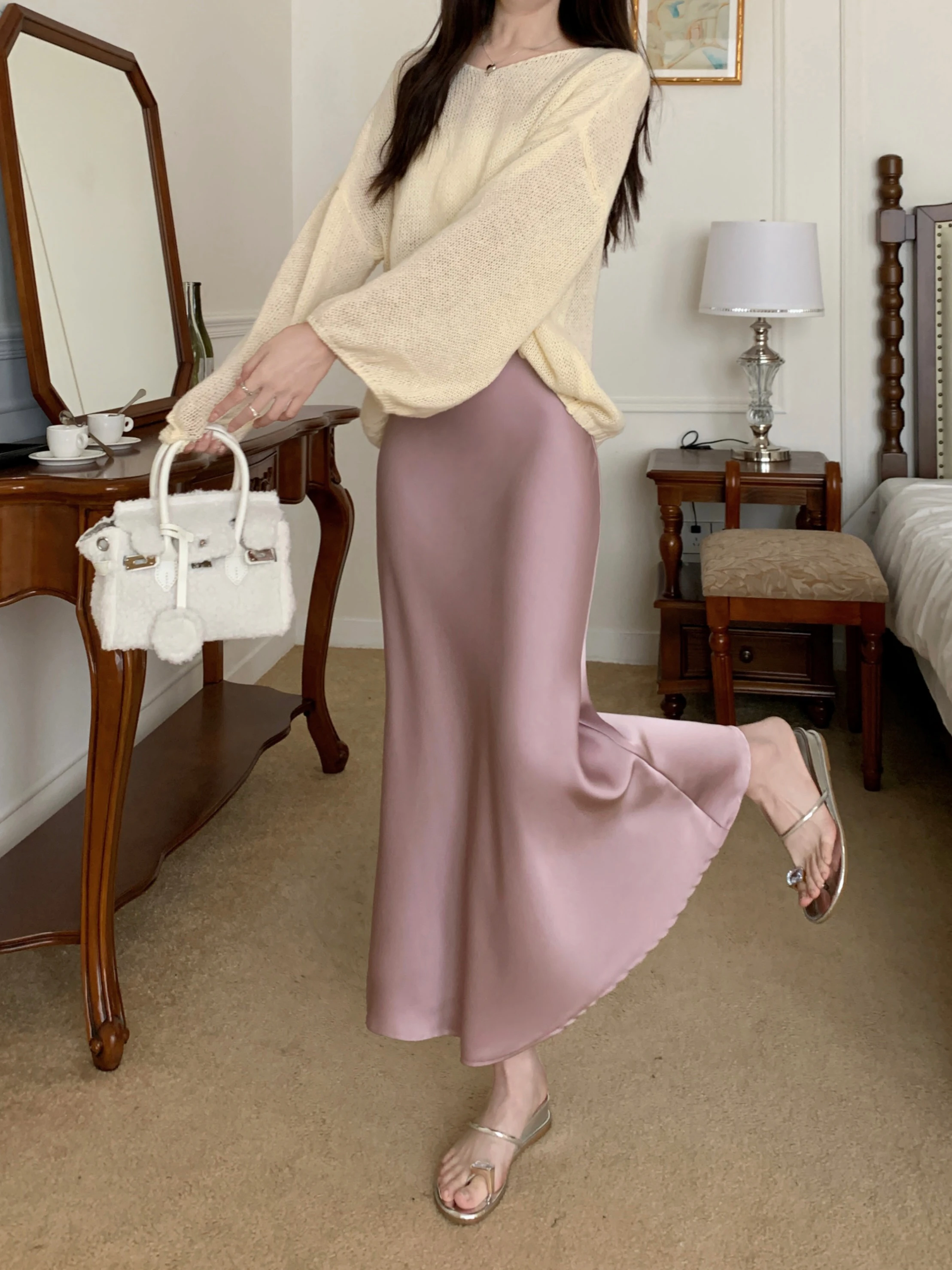 Women's Long Skirt Spring Summer Satin Silk A-line Skirt High Waist Ladies Korean Fashion Solid Pink Fishtail Skirts for Women