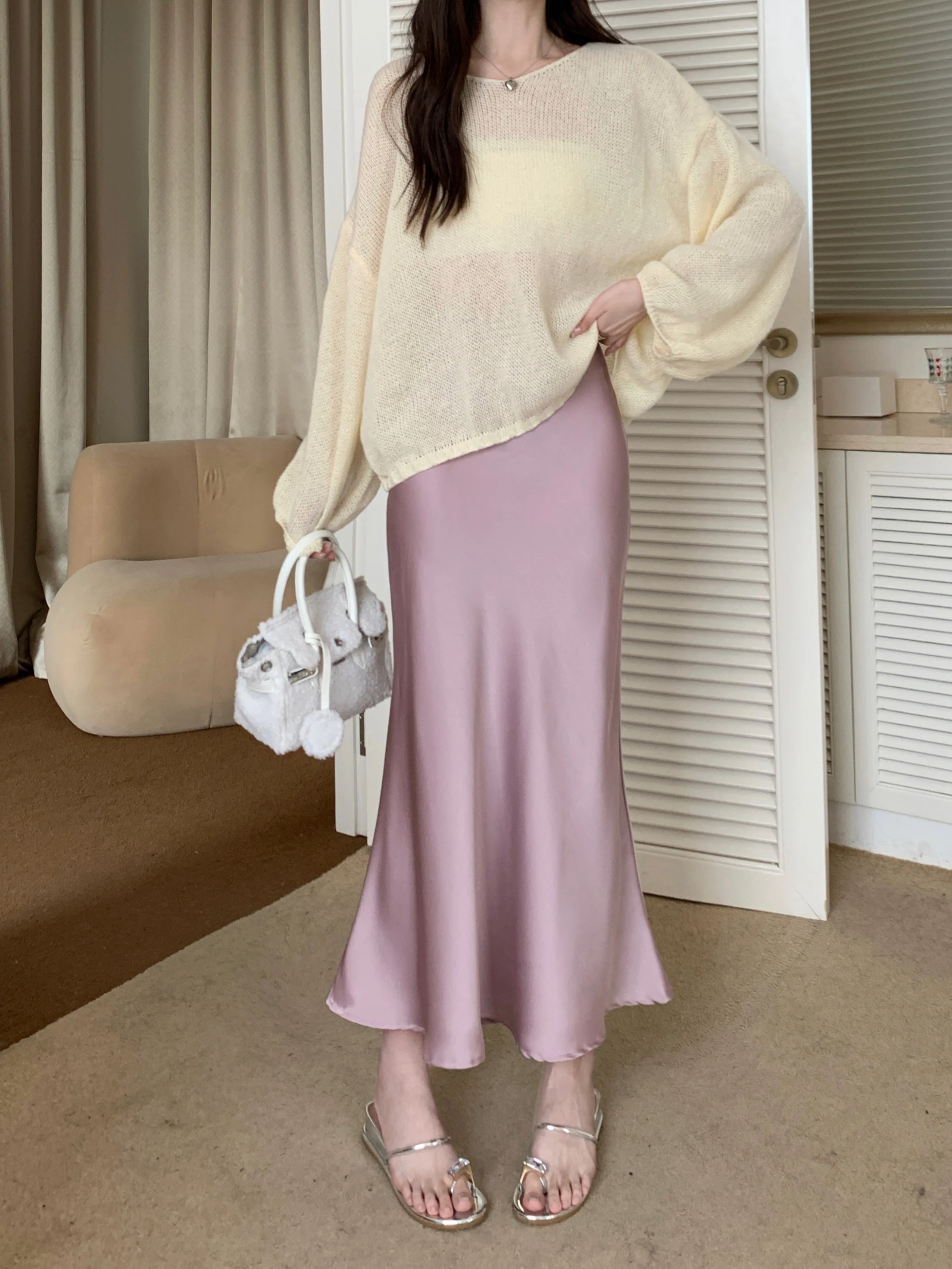 Women's Long Skirt Spring Summer Satin Silk A-line Skirt High Waist Ladies Korean Fashion Solid Pink Fishtail Skirts for Women