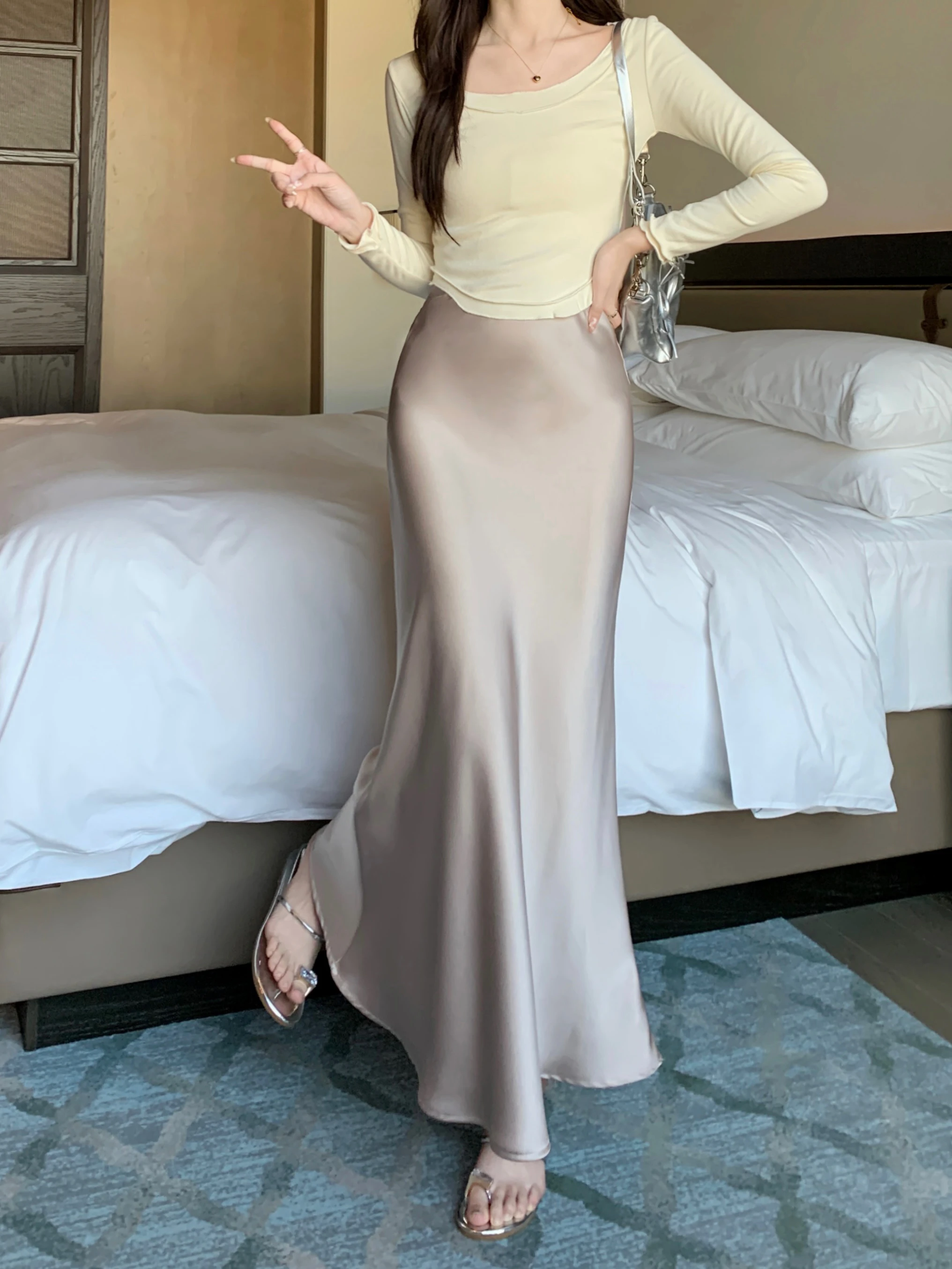 Women's Long Skirt Spring Summer Satin Silk A-line Skirt High Waist Ladies Korean Fashion Solid Pink Fishtail Skirts for Women