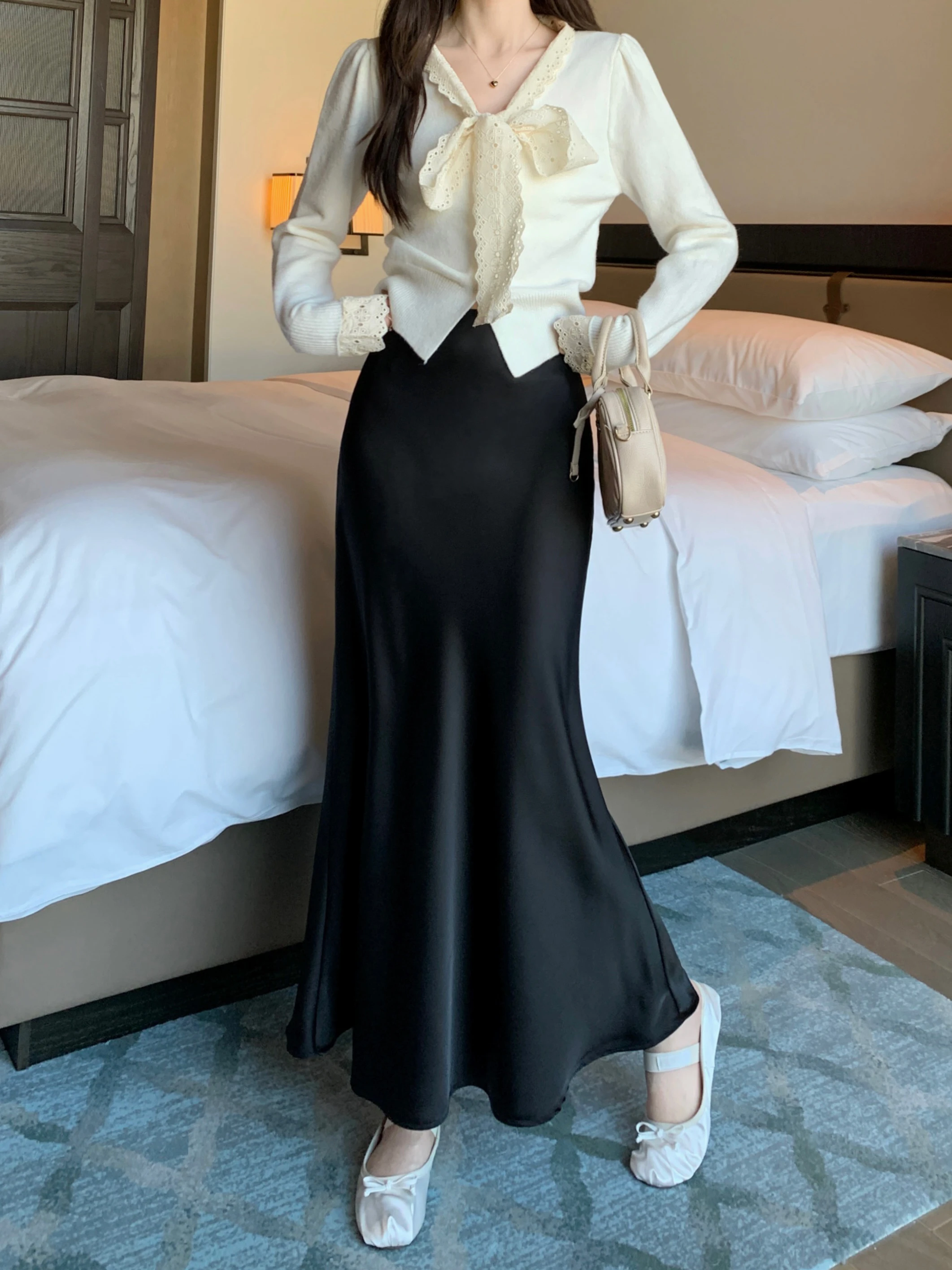 Women's Long Skirt Spring Summer Satin Silk A-line Skirt High Waist Ladies Korean Fashion Solid Pink Fishtail Skirts for Women