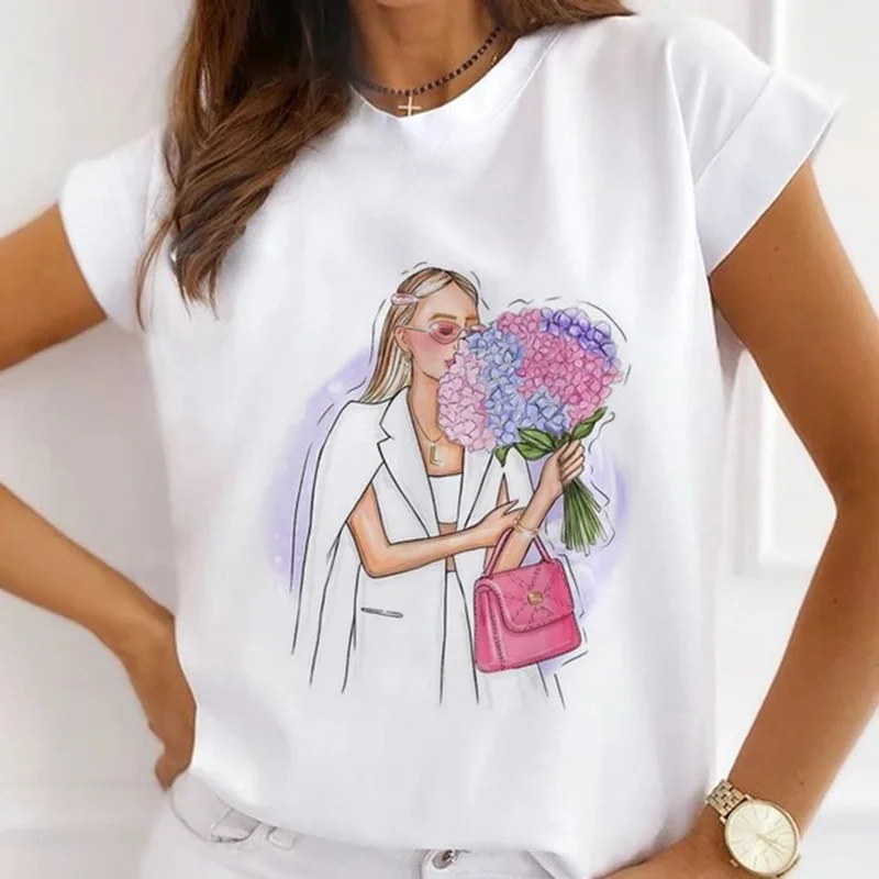 Europe and The United States Casual Women's Round Neck T-shirt Breathable Fashion Printed Girls Short Sleeve Base Shirt