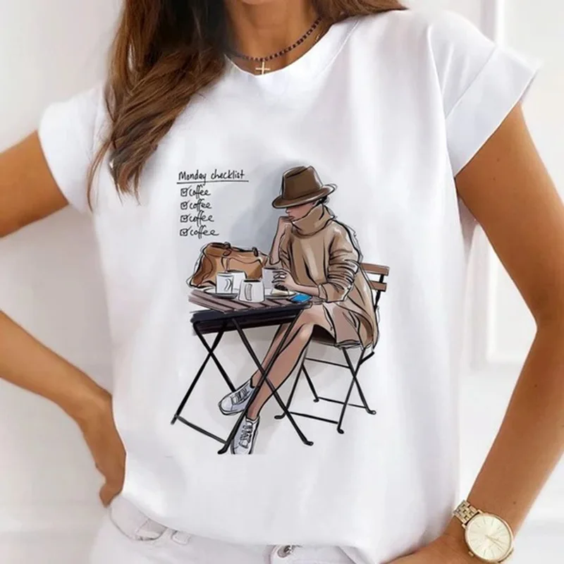 Europe and The United States Casual Women's Round Neck T-shirt Breathable Fashion Printed Girls Short Sleeve Base Shirt