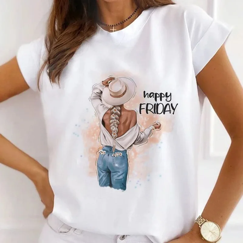 Europe and The United States Casual Women's Round Neck T-shirt Breathable Fashion Printed Girls Short Sleeve Base Shirt