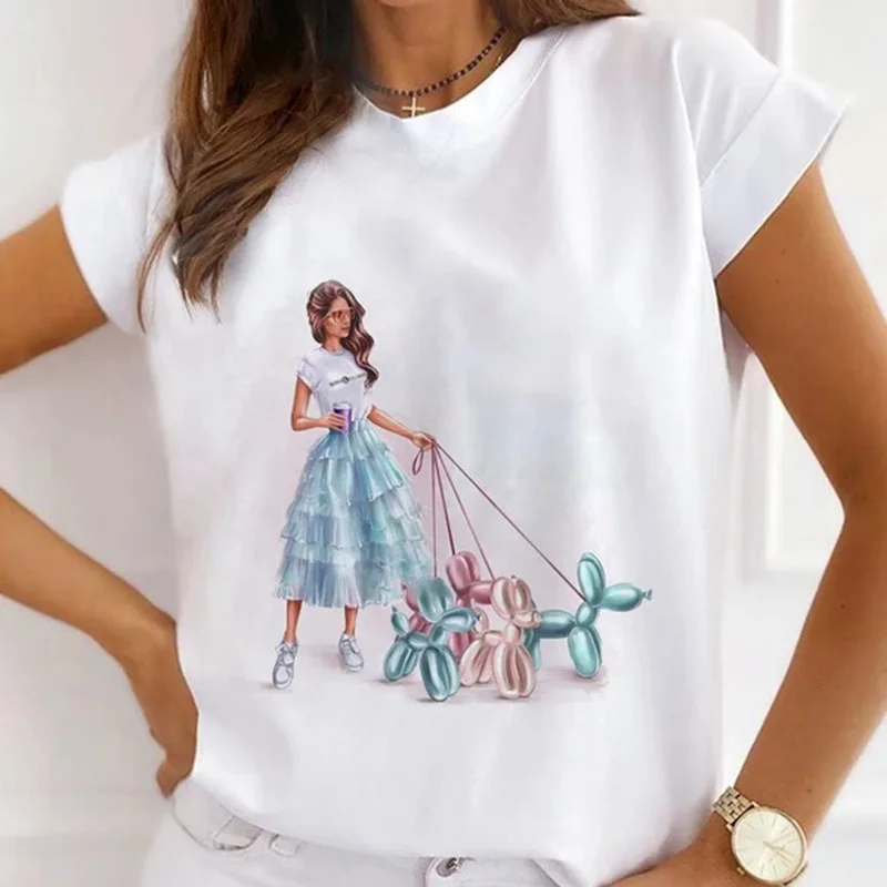 Europe and The United States Casual Women's Round Neck T-shirt Breathable Fashion Printed Girls Short Sleeve Base Shirt