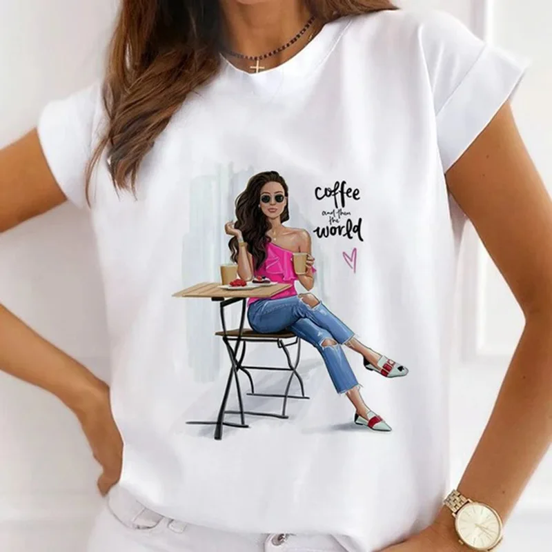 Europe and The United States Casual Women's Round Neck T-shirt Breathable Fashion Printed Girls Short Sleeve Base Shirt