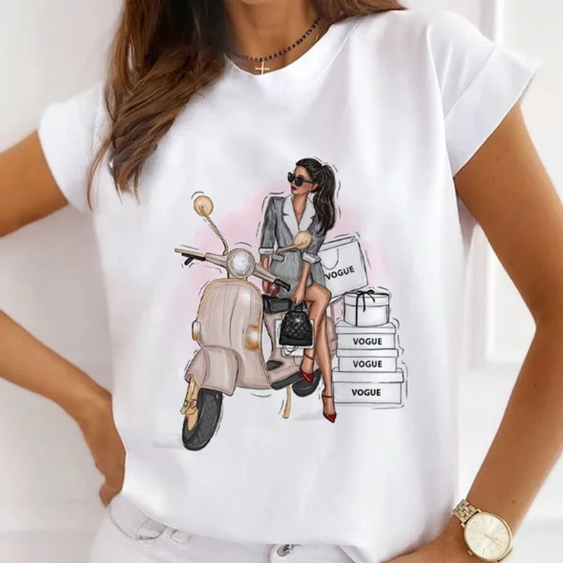 Europe and The United States Casual Women's Round Neck T-shirt Breathable Fashion Printed Girls Short Sleeve Base Shirt