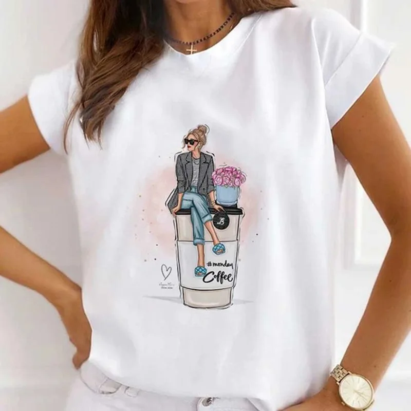 Europe and The United States Casual Women's Round Neck T-shirt Breathable Fashion Printed Girls Short Sleeve Base Shirt