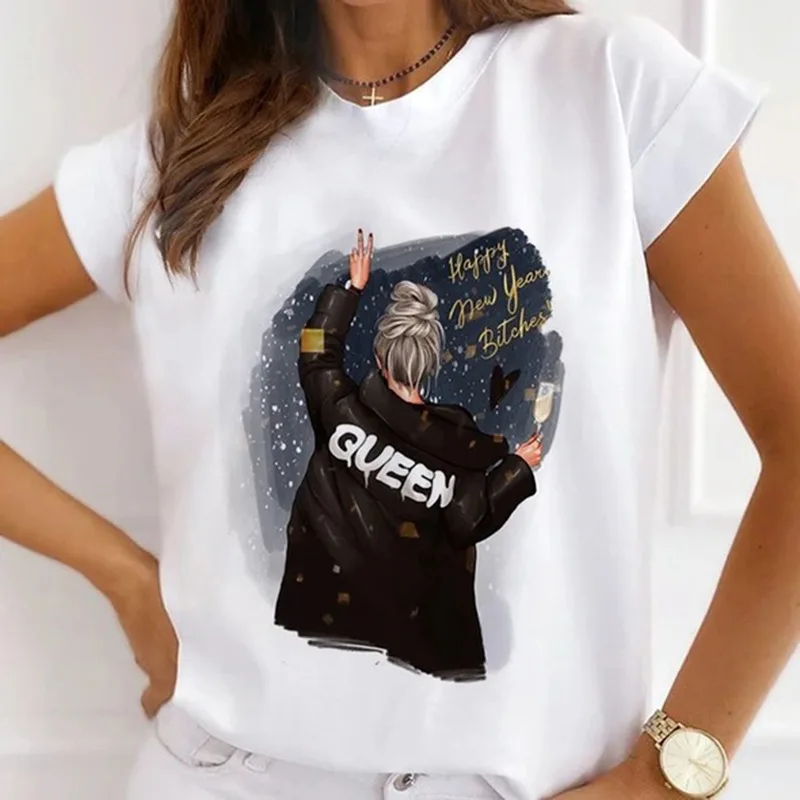 Europe and The United States Casual Women's Round Neck T-shirt Breathable Fashion Printed Girls Short Sleeve Base Shirt