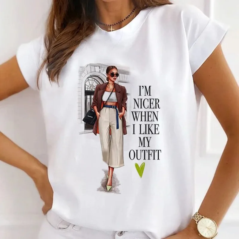 Europe and The United States Casual Women's Round Neck T-shirt Breathable Fashion Printed Girls Short Sleeve Base Shirt