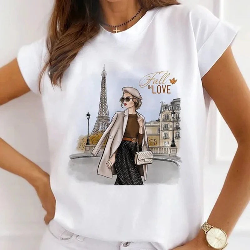 Europe and The United States Casual Women's Round Neck T-shirt Breathable Fashion Printed Girls Short Sleeve Base Shirt