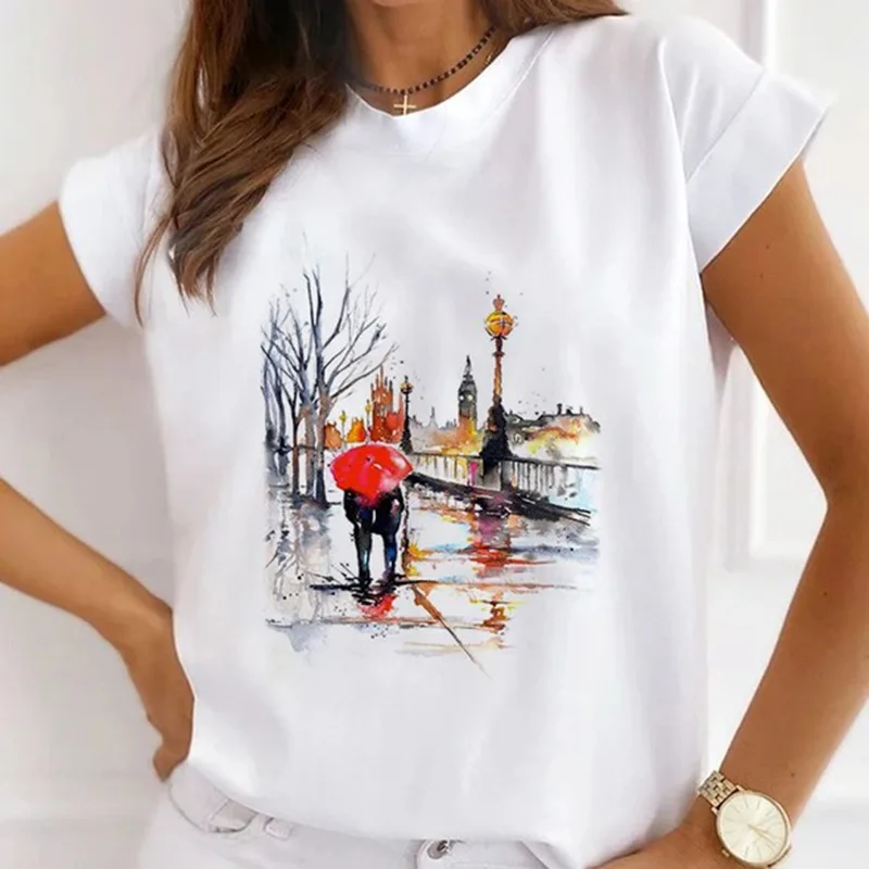 Europe and The United States Casual Women's Round Neck T-shirt Breathable Fashion Printed Girls Short Sleeve Base Shirt