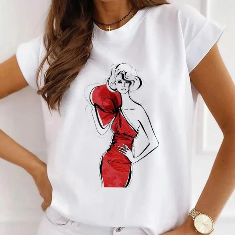 Europe and The United States Casual Women's Round Neck T-shirt Breathable Fashion Printed Girls Short Sleeve Base Shirt
