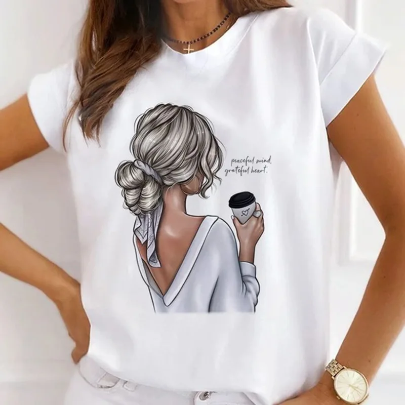 Europe and The United States Casual Women's Round Neck T-shirt Breathable Fashion Printed Girls Short Sleeve Base Shirt