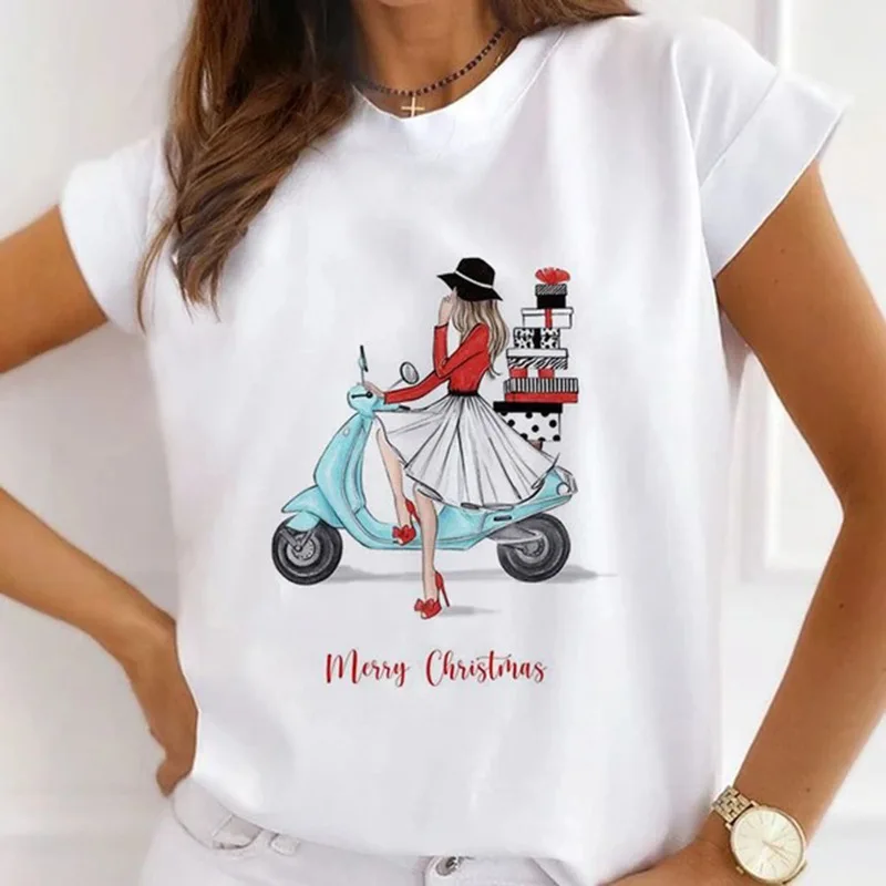 Europe and The United States Casual Women's Round Neck T-shirt Breathable Fashion Printed Girls Short Sleeve Base Shirt