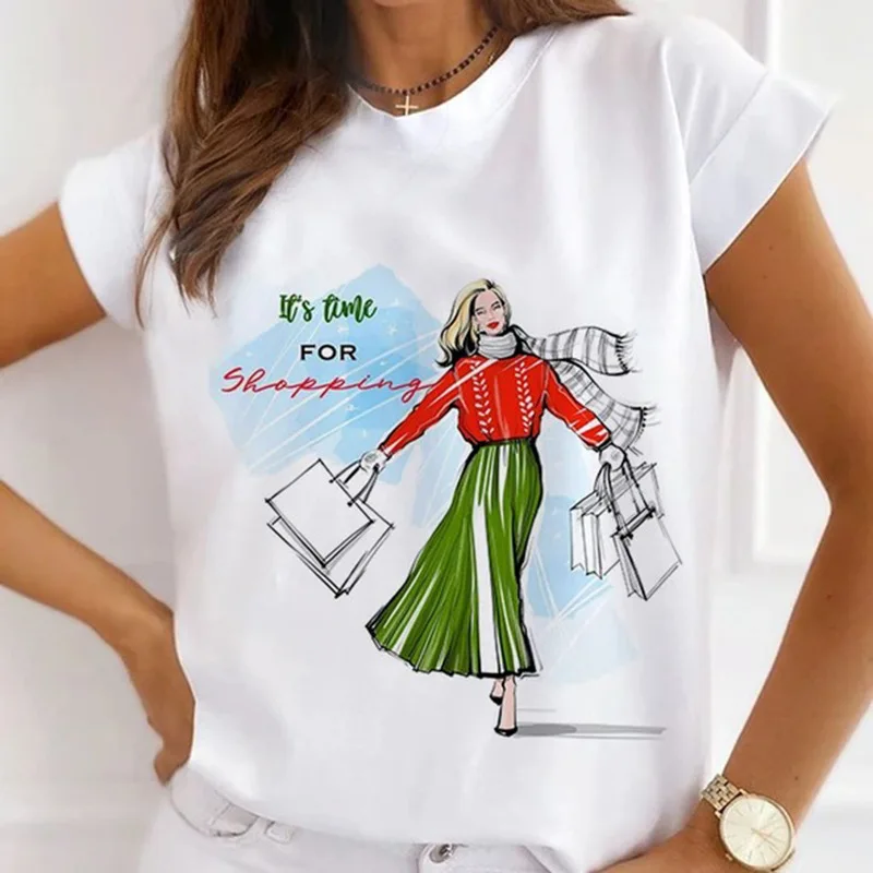 Europe and The United States Casual Women's Round Neck T-shirt Breathable Fashion Printed Girls Short Sleeve Base Shirt