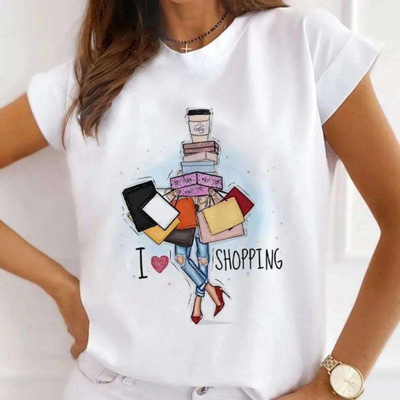 Europe and The United States Casual Women's Round Neck T-shirt Breathable Fashion Printed Girls Short Sleeve Base Shirt