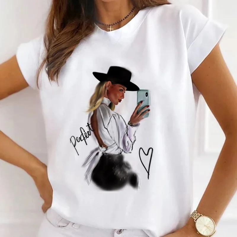 Europe and The United States Casual Women's Round Neck T-shirt Breathable Fashion Printed Girls Short Sleeve Base Shirt